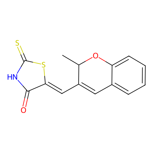 (Z)-5-((2-methyl-2H-chromen-3-yl)methylene)-2-thioxothiazolidin-4-one structure
