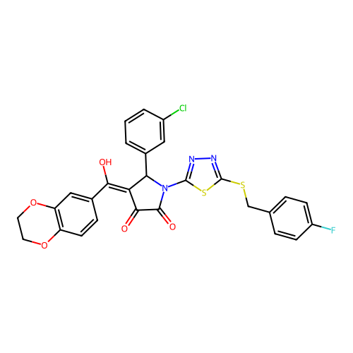 5-(3-chlorophenyl)-4-(2,3-dihydrobenzo[b][1,4]dioxine-6-carbonyl)-1-(5-((4-fluorobenzyl)thio)-1,3,4-thiadiazol-2-yl)-3-hydroxy-1H-pyrrol-2(5H)-one structure