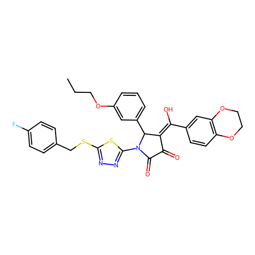 4-(2,3-dihydrobenzo[b][1,4]dioxine-6-carbonyl)-1-(5-((4-fluorobenzyl)thio)-1,3,4-thiadiazol-2-yl)-3-hydroxy-5-(3-propoxyphenyl)-1H-pyrrol-2(5H)-one structure