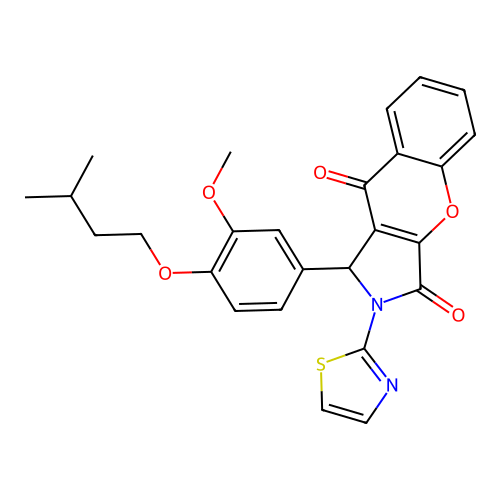 1-[3-methoxy-4-(3-methylbutoxy)phenyl]-2-(1,3-thiazol-2-yl)-1,2-dihydrochromeno[2,3-c]pyrrole-3,9-dione structure