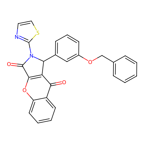 1-[3-(benzyloxy)phenyl]-2-(1,3-thiazol-2-yl)-1,2-dihydrochromeno[2,3-c]pyrrole-3,9-dione structure