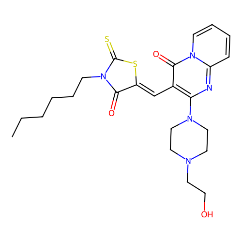 3-[(Z)-(3-hexyl-4-oxo-2-thioxo-1,3-thiazolidin-5-ylidene)methyl]-2-[4-(2-hydroxyethyl)piperazin-1-yl]-4H-pyrido[1,2-a]pyrimidin-4-one structure