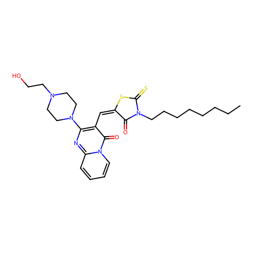 2-[4-(2-hydroxyethyl)piperazin-1-yl]-3-[(E)-(3-octyl-4-oxo-2-thioxo-1,3-thiazolidin-5-ylidene)methyl]-4H-pyrido[1,2-a]pyrimidin-4-one structure