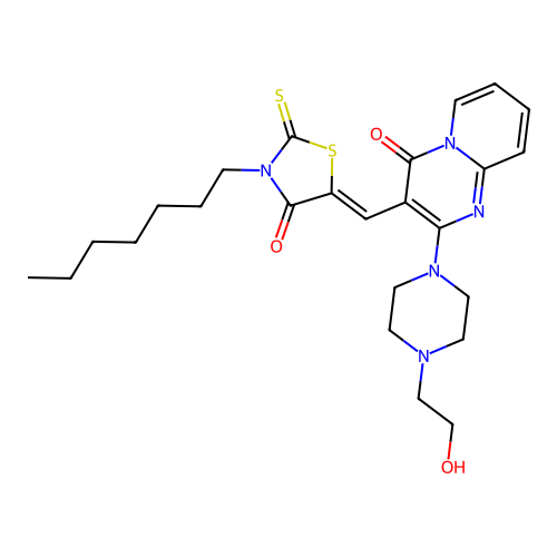3-[(Z)-(3-heptyl-4-oxo-2-thioxo-1,3-thiazolidin-5-ylidene)methyl]-2-[4-(2-hydroxyethyl)piperazin-1-yl]-4H-pyrido[1,2-a]pyrimidin-4-one structure