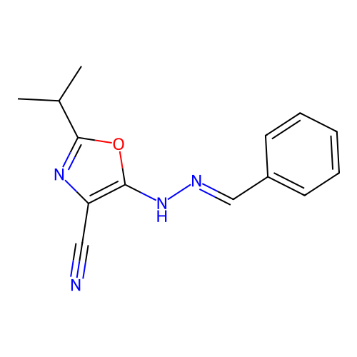 (E)-5-(2-benzylidenehydrazinyl)-2-isopropyloxazole-4-carbonitrile structure