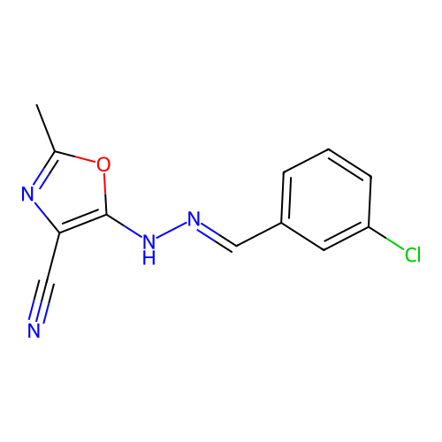 (E)-5-(2-(3-chlorobenzylidene)hydrazinyl)-2-methyloxazole-4-carbonitrile structure