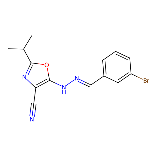 (E)-5-(2-(3-bromobenzylidene)hydrazinyl)-2-isopropyloxazole-4-carbonitrile structure