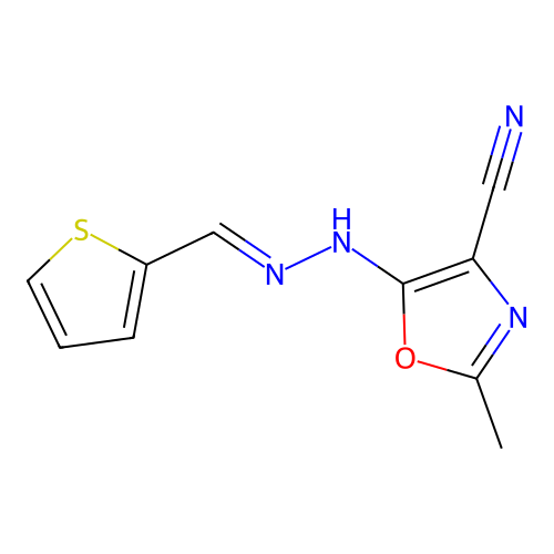 (E)-2-methyl-5-(2-(thiophen-2-ylmethylene)hydrazinyl)oxazole-4-carbonitrile structure