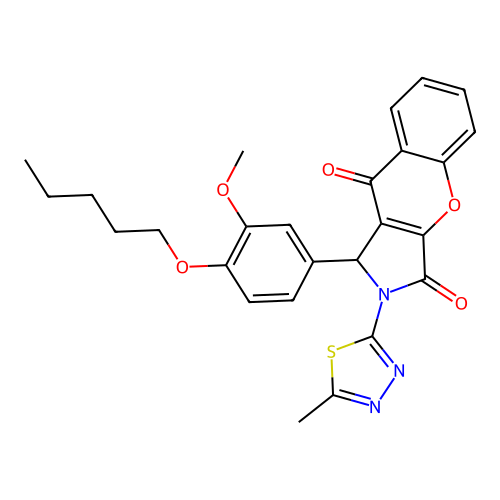 1-[3-methoxy-4-(pentyloxy)phenyl]-2-(5-methyl-1,3,4-thiadiazol-2-yl)-1,2-dihydrochromeno[2,3-c]pyrrole-3,9-dione structure