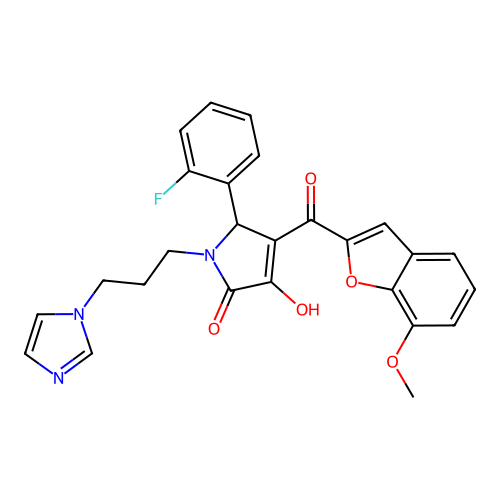(4E)-5-(2-fluorophenyl)-4-[hydroxy(7-methoxy-1-benzofuran-2-yl)methylidene]-1-[3-(1H-imidazol-1-yl)propyl]pyrrolidine-2,3-dione structure