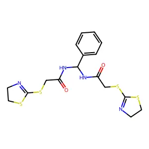 2-(4,5-dihydro-1,3-thiazol-2-ylsulfanyl)-N-[[[2-(4,5-dihydro-1,3-thiazol-2-ylsulfanyl)acetyl]amino]-phenylmethyl]acetamide structure