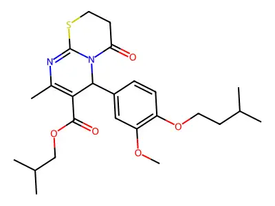 2-methylpropyl 6-[3-methoxy-4-(3-methylbutoxy)phenyl]-8-methyl-4-oxo-2H,3H,4H,6H-pyrimido[2,1-b][1,3]thiazine-7-carboxylate structure