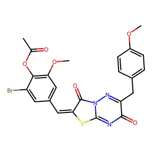 2-bromo-6-methoxy-4-{(Z)-[6-(4-methoxybenzyl)-3,7-dioxo-7H-[1,3]thiazolo[3,2-b][1,2,4]triazin-2(3H)-ylidene]methyl}phenyl acetate structure
