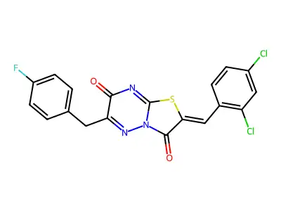 (2Z)-2-(2,4-dichlorobenzylidene)-6-(4-fluorobenzyl)-7H-[1,3]thiazolo[3,2-b][1,2,4]triazine-3,7(2H)-dione structure