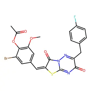 2-bromo-4-{(Z)-[6-(4-fluorobenzyl)-3,7-dioxo-7H-[1,3]thiazolo[3,2-b][1,2,4]triazin-2(3H)-ylidene]methyl}-6-methoxyphenyl acetate structure