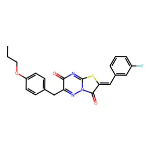 (2Z)-2-(3-fluorobenzylidene)-6-(4-propoxybenzyl)-7H-[1,3]thiazolo[3,2-b][1,2,4]triazine-3,7(2H)-dione structure