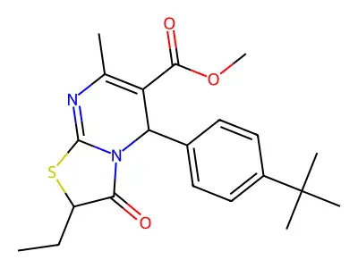 methyl 5-(4-tert-butylphenyl)-2-ethyl-7-methyl-3-oxo-2,3-dihydro-5H-[1,3]thiazolo[3,2-a]pyrimidine-6-carboxylate structure