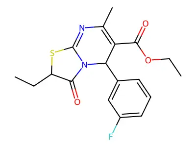 ethyl 2-ethyl-5-(3-fluorophenyl)-7-methyl-3-oxo-2,3-dihydro-5H-[1,3]thiazolo[3,2-a]pyrimidine-6-carboxylate structure