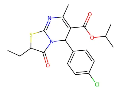 isopropyl 5-(4-chlorophenyl)-2-ethyl-7-methyl-3-oxo-2,3-dihydro-5H-[1,3]thiazolo[3,2-a]pyrimidine-6-carboxylate structure