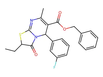 benzyl 2-ethyl-5-(3-fluorophenyl)-7-methyl-3-oxo-2,3-dihydro-5H-[1,3]thiazolo[3,2-a]pyrimidine-6-carboxylate structure