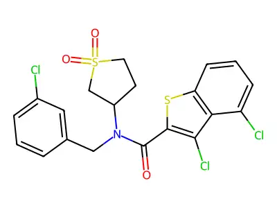 3,4-dichloro-N-(3-chlorobenzyl)-N-(1,1-dioxidotetrahydrothiophen-3-yl)-1-benzothiophene-2-carboxamide structure