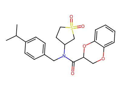 N-(1,1-dioxothiolan-3-yl)-N-[(4-propan-2-ylphenyl)methyl]-2,3-dihydro-1,4-benzodioxine-3-carboxamide structure