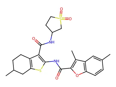 N-{3-[(1,1-dioxidotetrahydrothiophen-3-yl)carbamoyl]-6-methyl-4,5,6,7-tetrahydro-1-benzothiophen-2-yl}-3,5-dimethyl-1-benzofuran-2-carboxamide structure