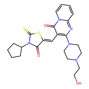 3-[(Z)-(3-cyclopentyl-4-oxo-2-thioxo-1,3-thiazolidin-5-ylidene)methyl]-2-[4-(2-hydroxyethyl)piperazin-1-yl]-4H-pyrido[1,2-a]pyrimidin-4-one structure