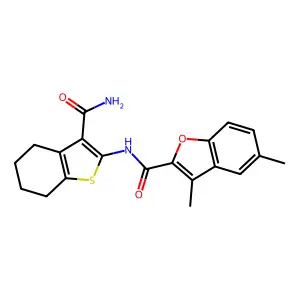 N-(3-carbamoyl-4,5,6,7-tetrahydro-1-benzothiophen-2-yl)-3,5-dimethyl-1-benzofuran-2-carboxamide structure