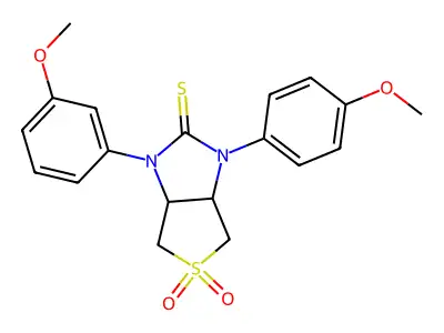 1-(3-methoxyphenyl)-3-(4-methoxyphenyl)tetrahydro-1H-thieno[3,4-d]imidazole-2(3H)-thione 5,5-dioxide structure