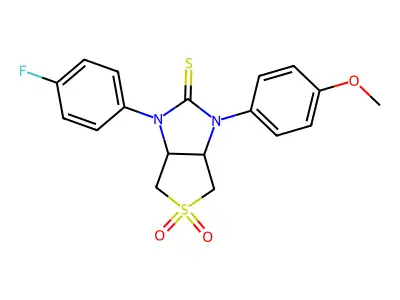 1-(4-fluorophenyl)-3-(4-methoxyphenyl)tetrahydro-1H-thieno[3,4-d]imidazole-2(3H)-thione 5,5-dioxide structure
