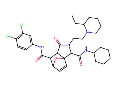 N~3~-cyclohexyl-N~7~-(3,4-dichlorophenyl)-2-[2-(2-ethylpiperidin-1-yl)ethyl]-1-oxo-1,2,3,6,7,7a-hexahydro-3a,6-epoxyisoindole-3,7-dicarboxamide structure