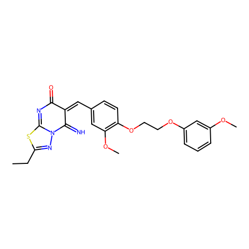 (3Z)-8-ethyl-2-imino-3-[[3-methoxy-4-[2-(3-methoxyphenoxy)ethoxy]phenyl]methylidene]-7-thia-1,5,9-triazabicyclo[4.3.0]nona-5,8-dien-4-one structure