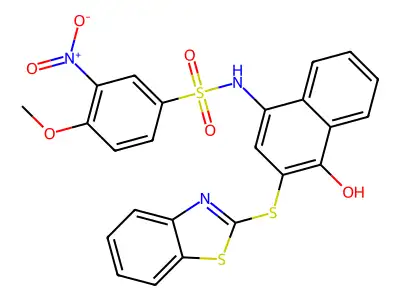 N-(3-benzothiazol-2-ylsulfanyl-4-hydroxy-naphthalen-1-yl)-4-methoxy-3-nitro-benzenesulfonamide structure