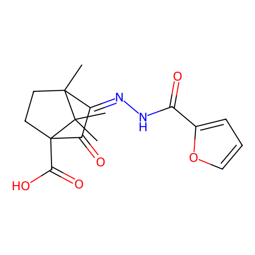 (2Z)-2-(furan-2-carbonylhydrazinylidene)-1,7,7-trimethyl-3-oxobicyclo[2.2.1]heptane-4-carboxylic acid structure