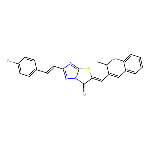 (Z)-2-((E)-4-fluorostyryl)-5-((2-methyl-2H-chromen-3-yl)methylene)thiazolo[3,2-b][1,2,4]triazol-6(5H)-one structure