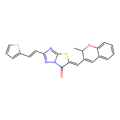 (Z)-5-((2-methyl-2H-chromen-3-yl)methylene)-2-((E)-2-(thiophen-2-yl)vinyl)thiazolo[3,2-b][1,2,4]triazol-6(5H)-one structure