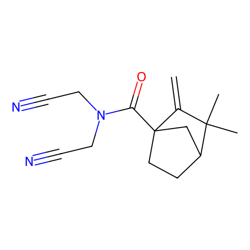 (1R,4S)-N,N-bis(cyanomethyl)-3,3-dimethyl-2-methylenebicyclo[2.2.1]heptane-1-carboxamide structure