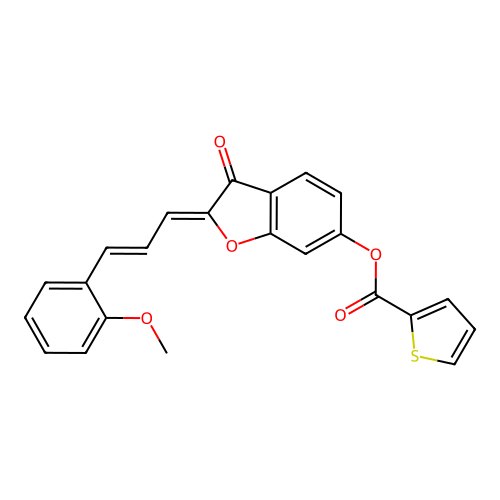 (Z)-2-((E)-3-(2-methoxyphenyl)allylidene)-3-oxo-2,3-dihydrobenzofuran-6-yl thiophene-2-carboxylate structure