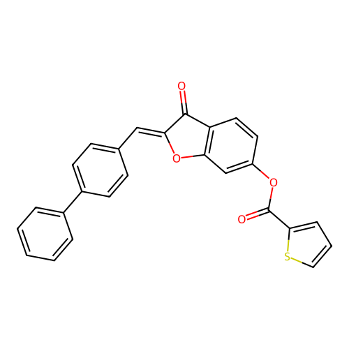 [(2Z)-3-oxo-2-[(4-phenylphenyl)methylidene]-1-benzofuran-6-yl] thiophene-2-carboxylate structure