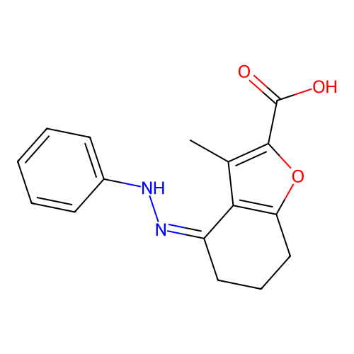 (4Z)-3-methyl-4-(phenylhydrazinylidene)-6,7-dihydro-5H-1-benzofuran-2-carboxylic acid structure
