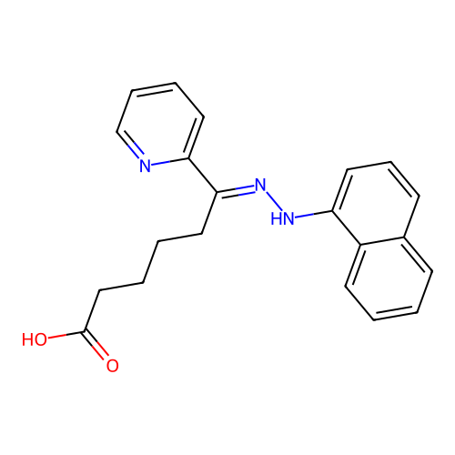 (6E)-6-[2-(naphthalen-1-yl)hydrazinylidene]-6-(pyridin-2-yl)hexanoic acid structure