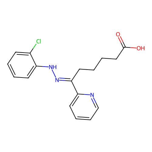 (6E)-6-[2-(2-chlorophenyl)hydrazinylidene]-6-(pyridin-2-yl)hexanoic acid structure
