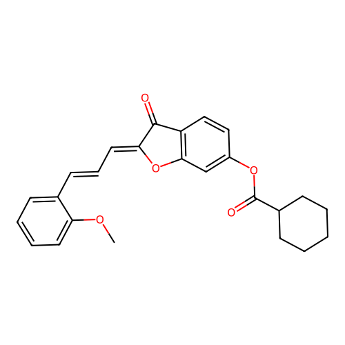 (Z)-2-((E)-3-(2-methoxyphenyl)allylidene)-3-oxo-2,3-dihydrobenzofuran-6-yl cyclohexanecarboxylate structure