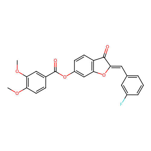 (2Z)-2-(3-fluorobenzylidene)-3-oxo-2,3-dihydro-1-benzofuran-6-yl 3,4-dimethoxybenzoate structure