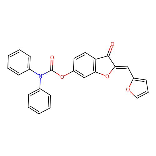 [2-(2-furylmethylene)-3-oxobenzo[3,4-b]furan-6-yloxy]-N,N-dibenzamide structure