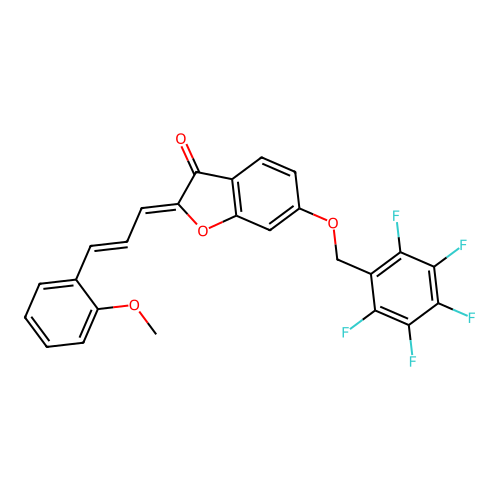 (Z)-2-((E)-3-(2-methoxyphenyl)allylidene)-6-((perfluorophenyl)methoxy)benzofuran-3(2H)-one structure