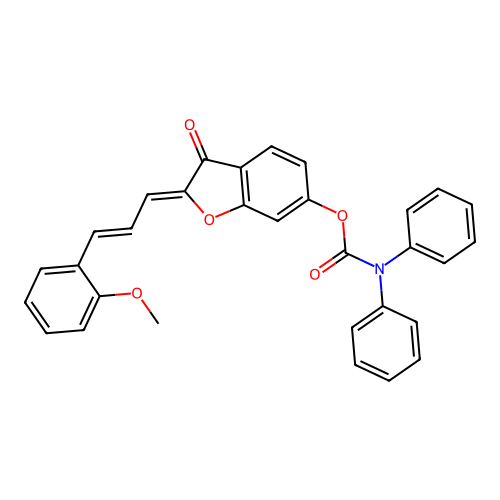 (Z)-2-((E)-3-(2-methoxyphenyl)allylidene)-3-oxo-2,3-dihydrobenzofuran-6-yl diphenylcarbamate structure
