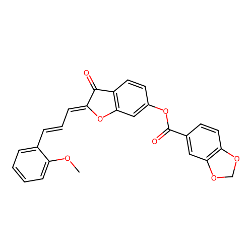 (Z)-2-((E)-3-(2-methoxyphenyl)allylidene)-3-oxo-2,3-dihydrobenzofuran-6-yl benzo[d][1,3]dioxole-5-carboxylate structure