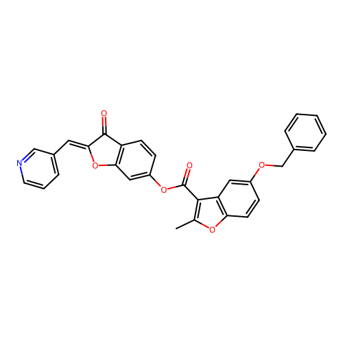 (2Z)-3-oxo-2-(pyridin-3-ylmethylidene)-2,3-dihydro-1-benzofuran-6-yl 5-(benzyloxy)-2-methyl-1-benzofuran-3-carboxylate structure